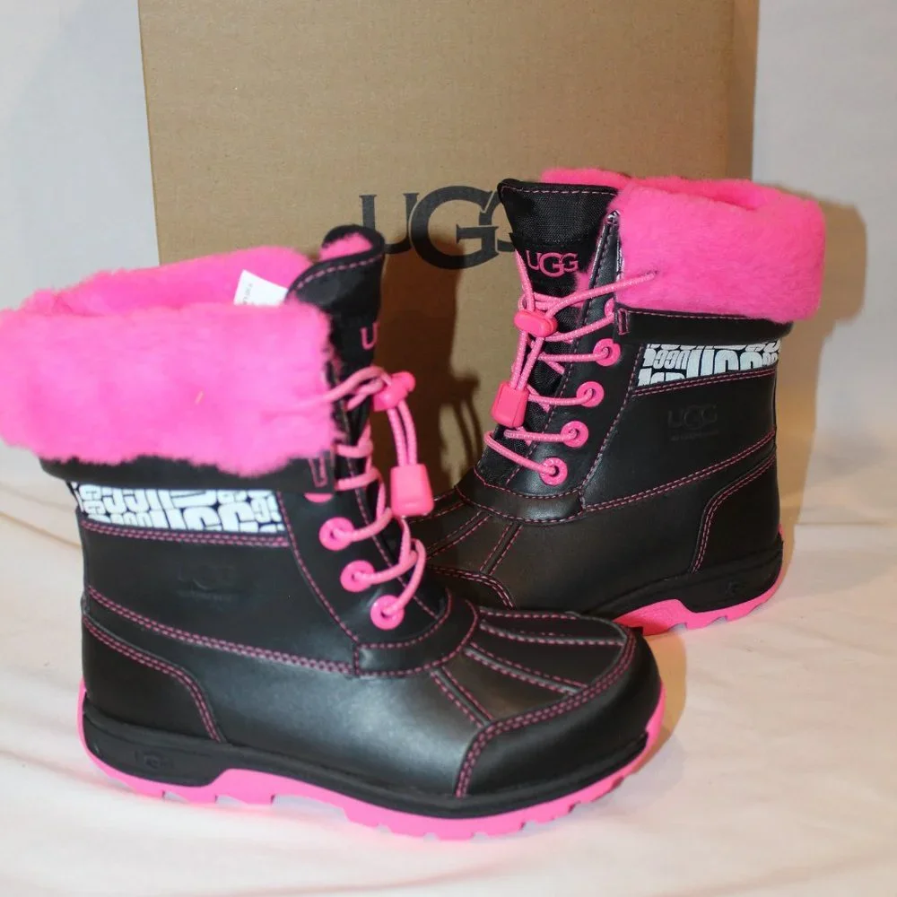NIB UGG BUTTE WATERPROOF LEATHER‎ SHEARLING LINED WINTER ANKLE BOOTS BLACK PINK